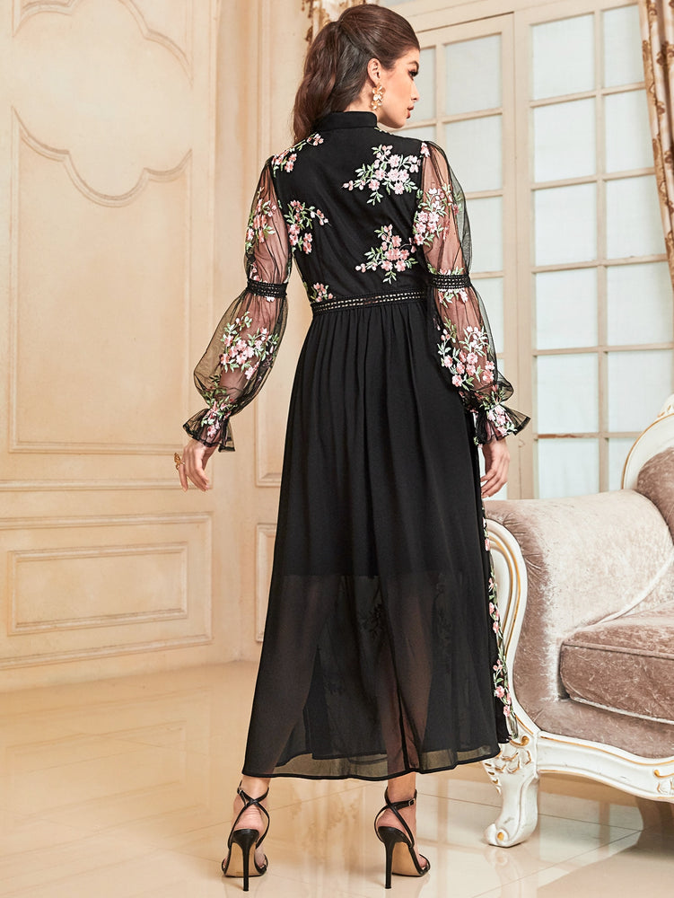 1pc Floral Embroidery Mesh Flounce Sleeve Tie Neck Belted Dress