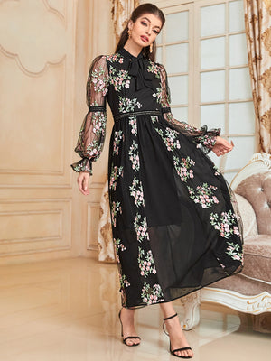 1pc Floral Embroidery Mesh Flounce Sleeve Tie Neck Belted Dress