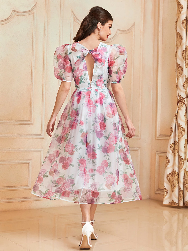 1pc Allover Floral Print Puff Sleeve Organza Overlay Dress