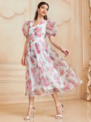 1pc Allover Floral Print Puff Sleeve Organza Overlay Dress