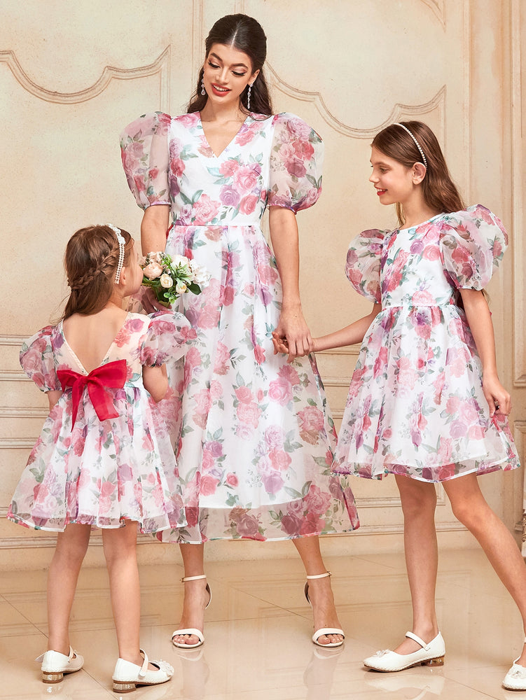 1pc Allover Floral Print Puff Sleeve Organza Overlay Dress