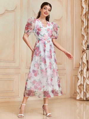 1pc Allover Floral Print Puff Sleeve Organza Overlay Dress