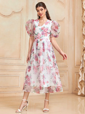 1pc Allover Floral Print Puff Sleeve Organza Overlay Dress