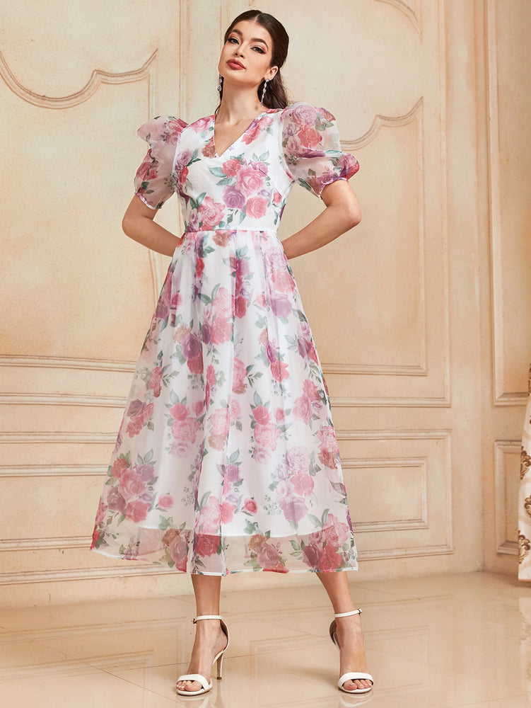 1pc Allover Floral Print Puff Sleeve Organza Overlay Dress