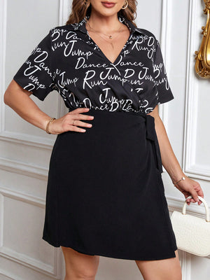 Plus Letter Graphic Knot Side Wrap Dress